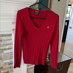 Ralph Lauren V-Neck Deep Red Sweater, White Crest, XS, Very Good Condition
